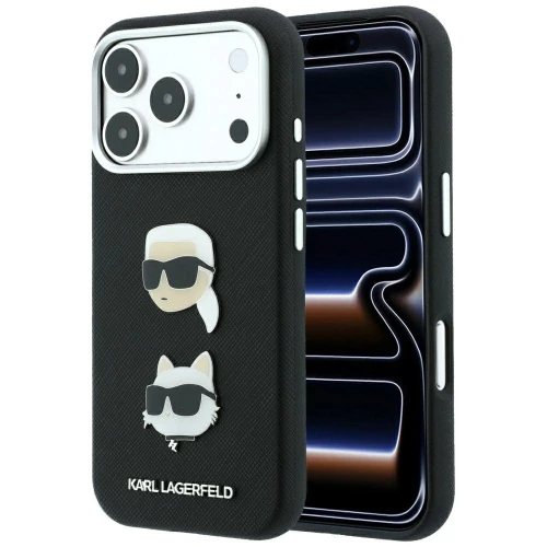 Etui Karl Lagerfeld Saffiano with Karl & Choupette Heads Pins & Logo na iPhone 18 Pro / 17 Pro - czarne