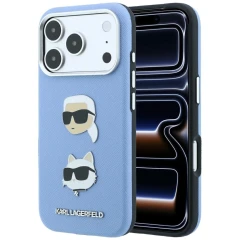 Etui Karl Lagerfeld Saffiano with Karl & Choupette Heads Pins & Logo na iPhone 18 Pro / 17 Pro - jasnoniebieskie