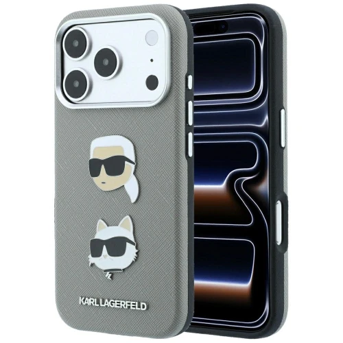Etui Karl Lagerfeld Saffiano with Karl & Choupette Heads Pins & Logo na iPhone 18 Pro Max / 17 Pro Max - szare