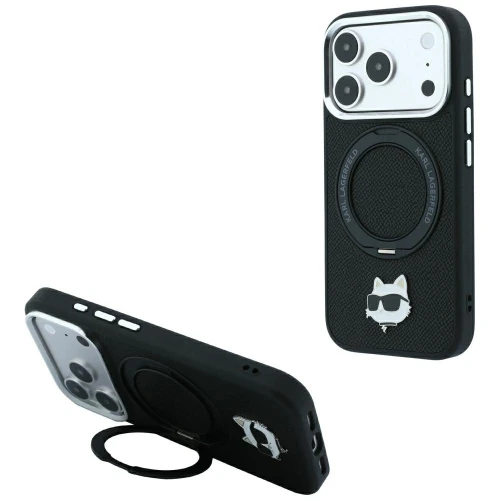 Etui Karl Lagerfeld with Ring Stand 360 Choupette Head Pin MagSafe na iPhone 18 Pro Max / 17 Pro Max - czarne