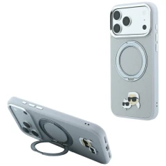Etui Karl Lagerfeld with Ring Stand 360 Karl & Choupette Heads Pin MagSafe na iPhone 18 Pro / 17 Pro - szare