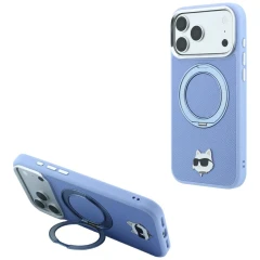 Etui Karl Lagerfeld with Ring Stand 360 Choupette Head Pin MagSafe na iPhone 18 Pro Max / 17 Pro Max - jasnoniebieskie