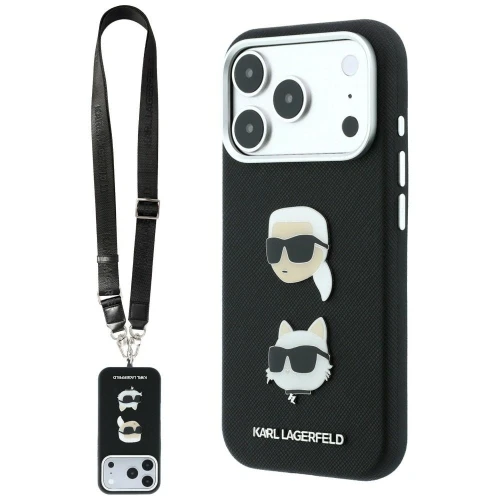 Etui Karl Lagerfeld Saffiano Karl&Choupette Heads Pins Strap Logo na iPhone 18 Pro / 17 Pro - czarne