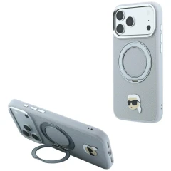 Etui Karl Lagerfeld with Ring Stand 360 Karl Head Pin MagSafe na iPhone 18 Pro Max / 17 Pro Max - szare