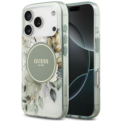Etui Guess IML Flower & Tonal Circle MagSafe na iPhone 18 Pro / 17 Pro - zielone