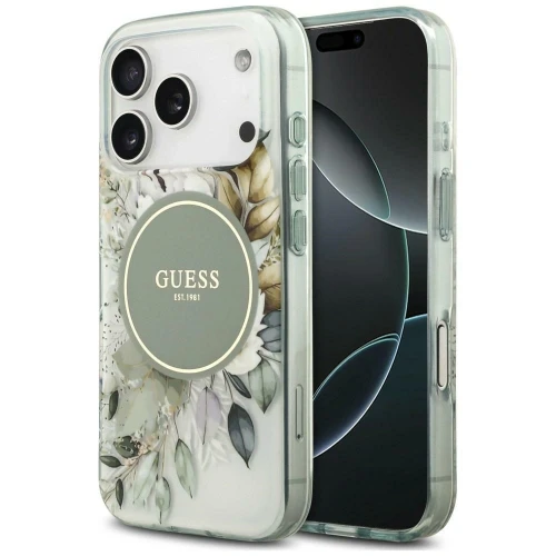 Etui Guess IML Flower & Tonal Circle MagSafe na iPhone 18 Pro Max / 17 Pro Max - zielone
