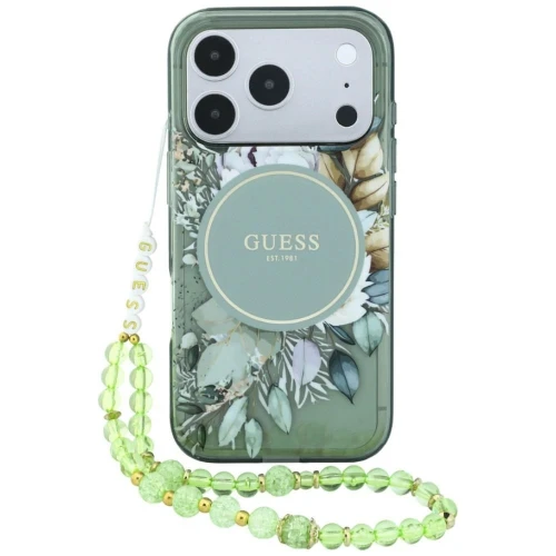 Etui Guess IML Flowers Pearl Strap MagSafe na iPhone 18 Pro / 17 Pro - zielone