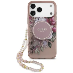 Etui Guess IML Flowers Pearl Strap MagSafe na iPhone 18 Pro Max / 17 Pro Max - różowe