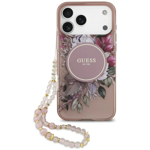 Etui Guess IML Flowers Pearl Strap MagSafe na iPhone 18 Pro Max / 17 Pro Max - różowe