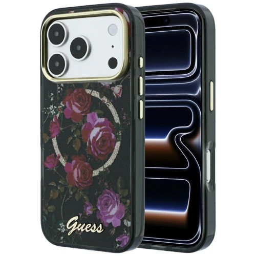 Etui Guess IML Glitter Blossom Roses MagSafe na iPhone 18 Pro Max / 17 Pro Max - czarne