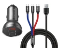 Baseus ładowarka samochodowa 2x USB 4,8A 24W z LCD + kabel 3w1 USB - USB Typ C / micro USB / Lightning 1,2m czarny
