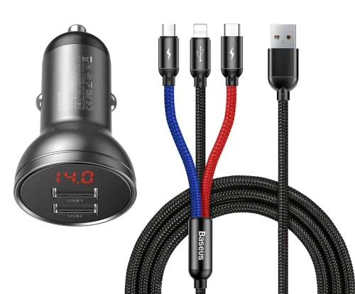Baseus ładowarka samochodowa 2x USB 4,8A 24W z LCD + kabel 3w1 USB - USB Typ C / micro USB / Lightning 1,2m czarny
