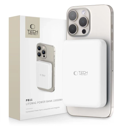 Powerbank Tech-Protect LifeMag PB11 z MagSafe 10000mAh 15W port USB-C - biały + kabel USB-C