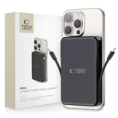 Powerbank Tech-Protect LifeMag PB31 z MagSafe 10000mAh 15W USB-C / USB-A / wbudowane kable USB-C / Lightning - czarny