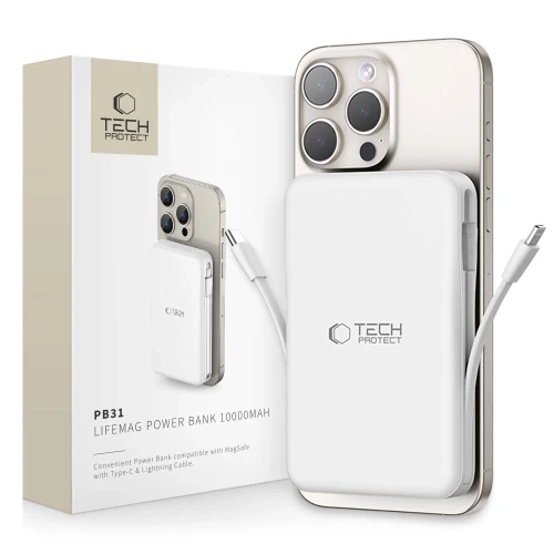Powerbank Tech-Protect LifeMag PB31 z MagSafe 10000mAh 15W USB-C / USB-A / wbudowane kable USB-C / Lightning - biały