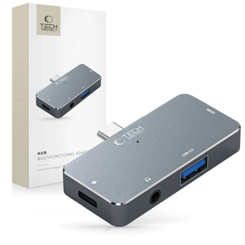 HUB Tech-Protect V6 4w1 USB-C - USB-A 3.0 / USB-C PD100W / HDMI / mini jack 3.5mm - szary