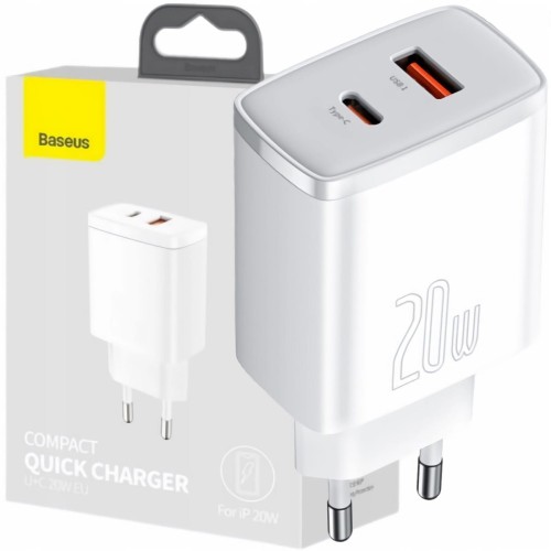 Szybka ładowarka sieciowa Baseus USB-A / USB-C 20W 3A PD QC 3.0 - Biała